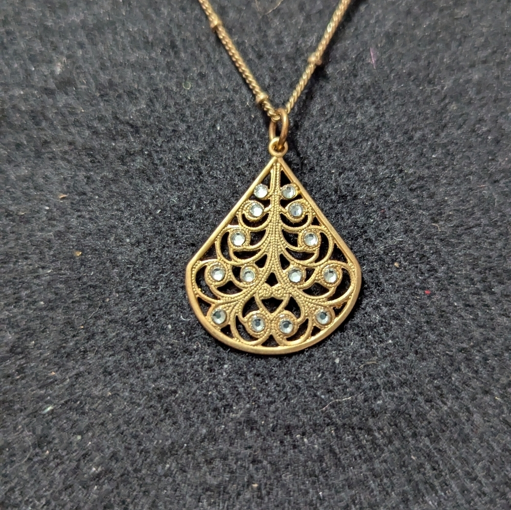Baked Beads Gold Tone Clear Rhinestone Dainty Delicate Pendant Statement Necklac
